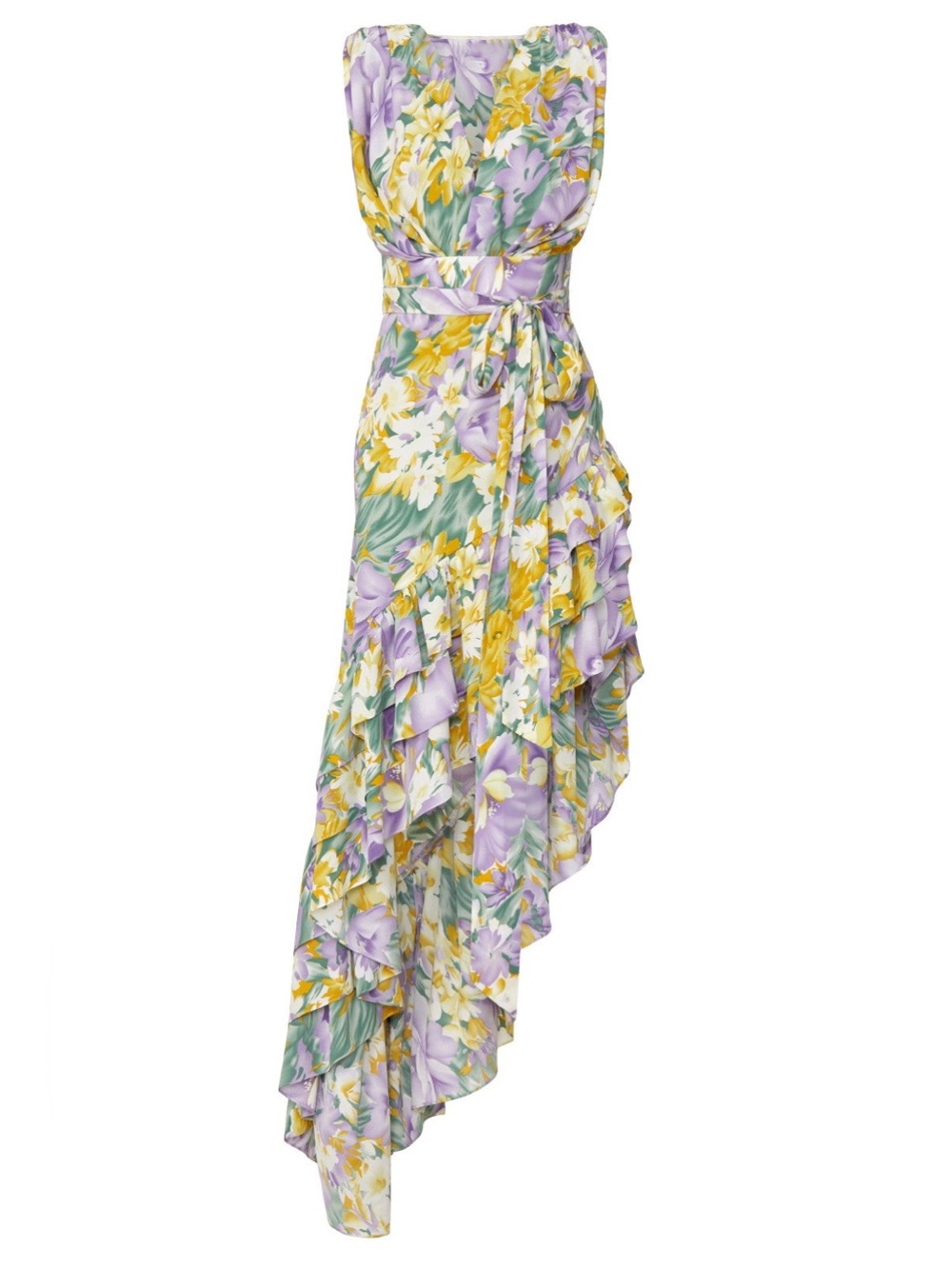 Bronx and Banco Lavender, Yellow & Green Floral High-Low Maxi Dress